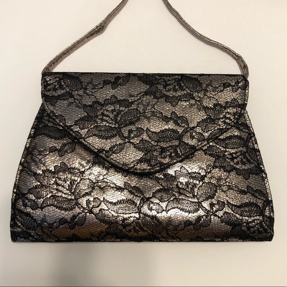 Neiman Marcus Handbags - NEIMAN Marcus Metallic Evening Bag with Black Lace Overlay